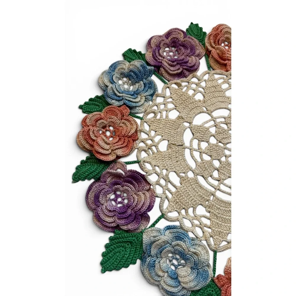 Handmade Crochet Rose Posy Doily 12 Inch Floral Centerpiece Decor